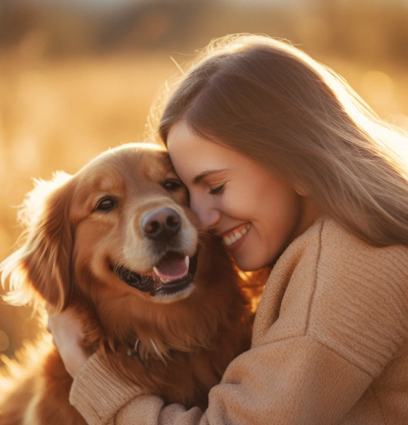 Happy owner cuddling a golden retriever